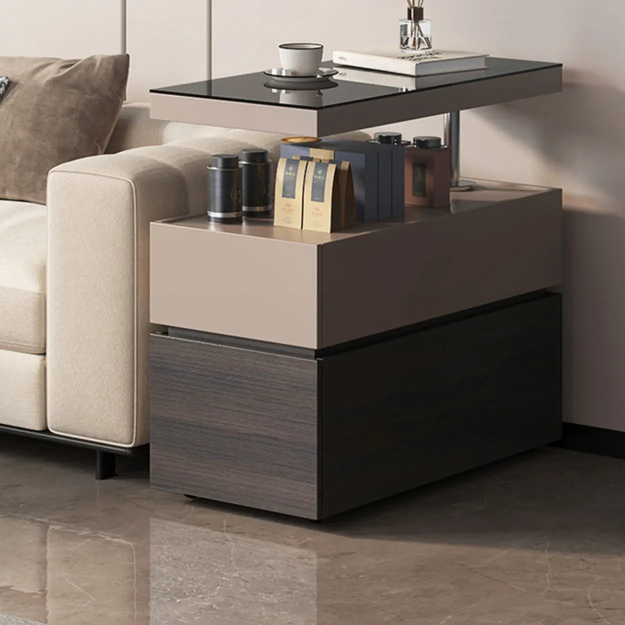 Black Glass Lift-Top Storage Coffee Table with Wheels