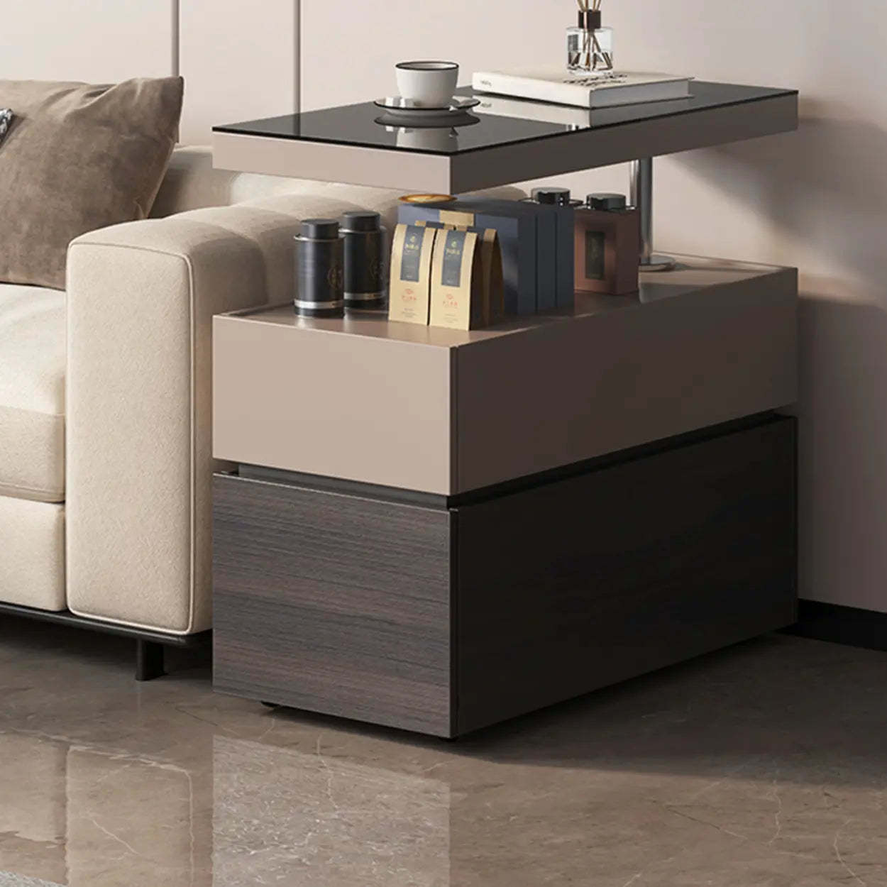 Black Glass Lift-Top Storage Coffee Table with Wheels