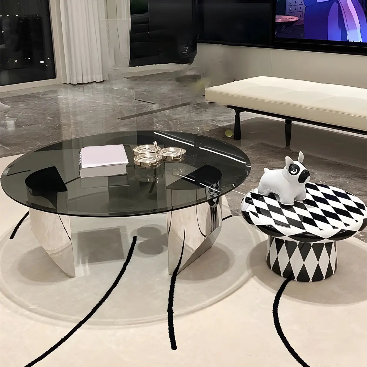 Black Glass Round Silver Steel Coffee Table