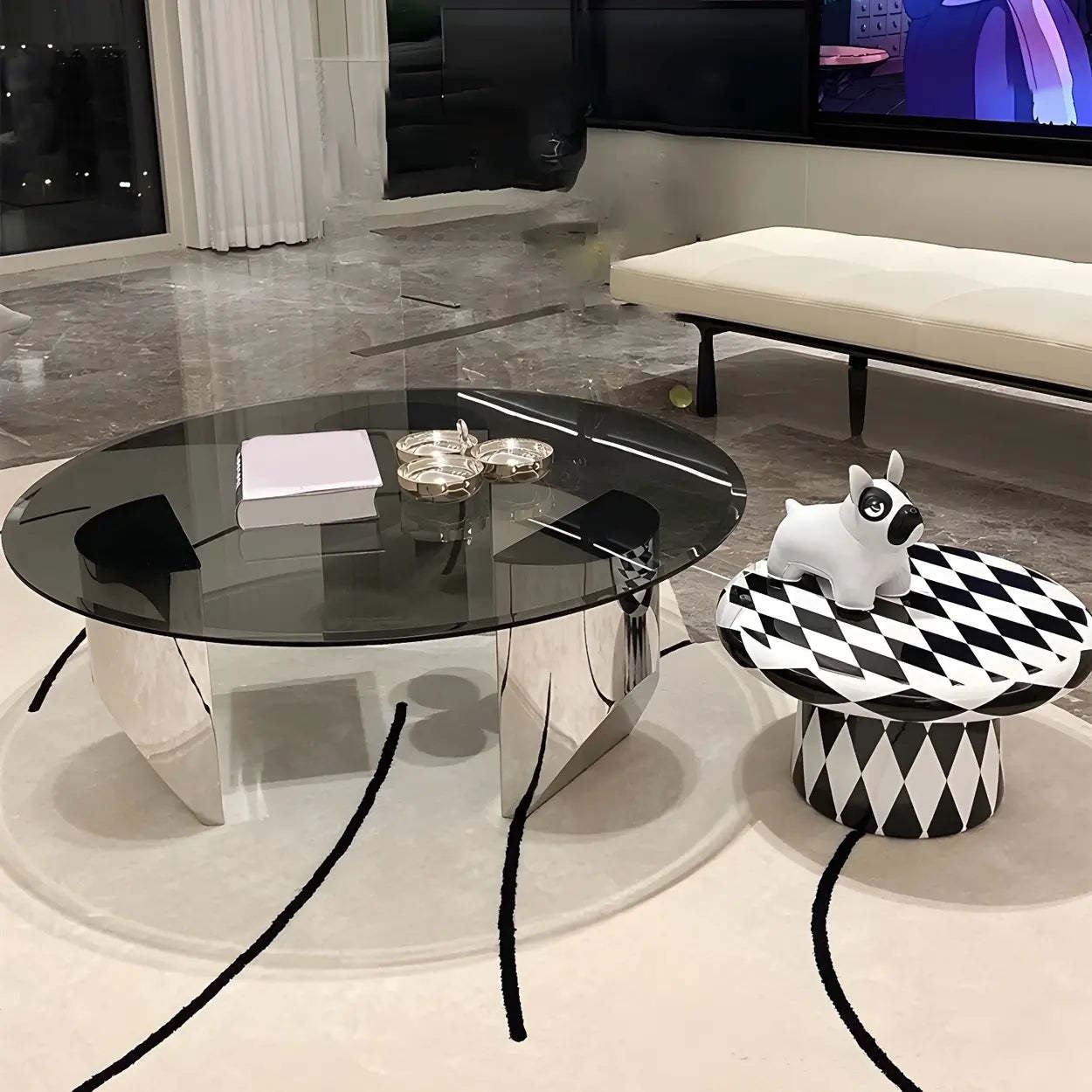 Black Glass Round Silver Steel Coffee Table