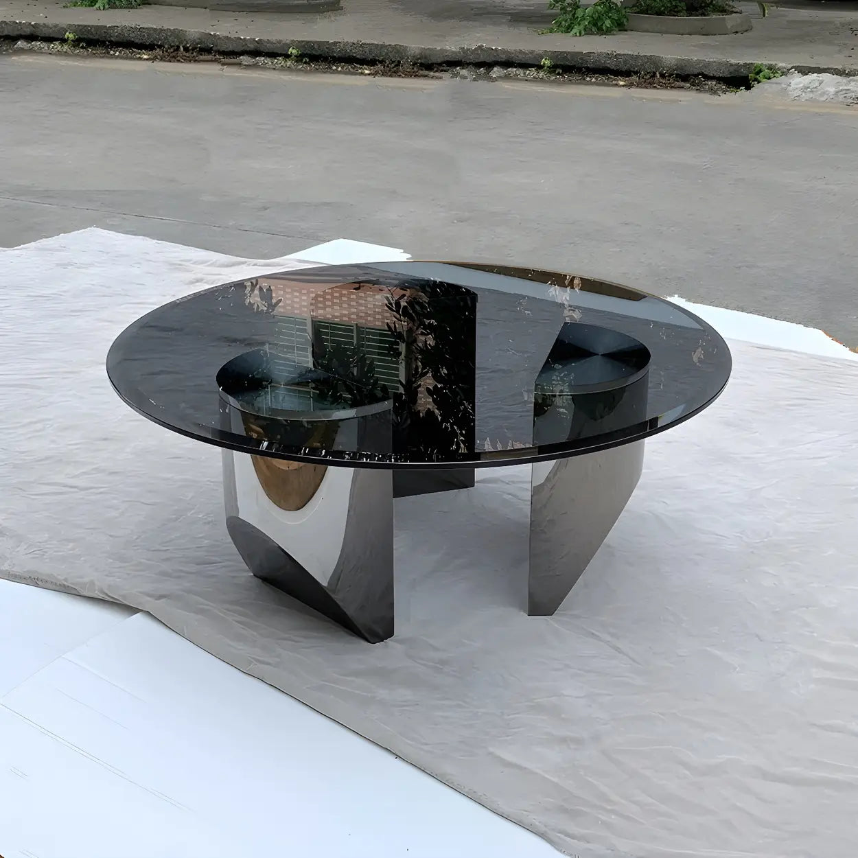 Black Glass Round Silver Steel Coffee Table