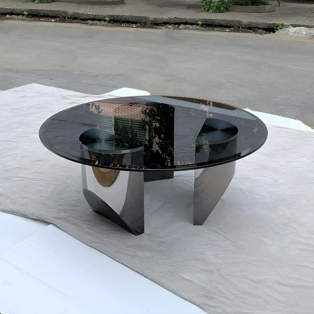 Black Glass Round Silver Steel Coffee Table