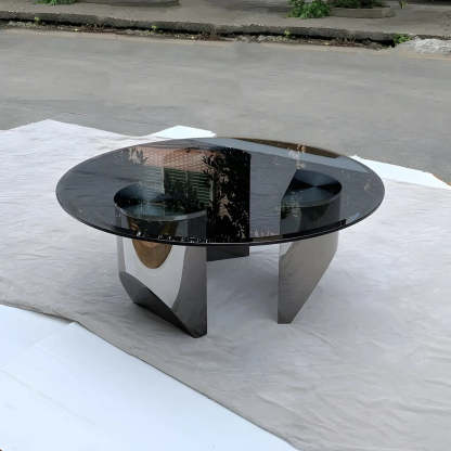 Black Glass Round Silver Steel Coffee Table
