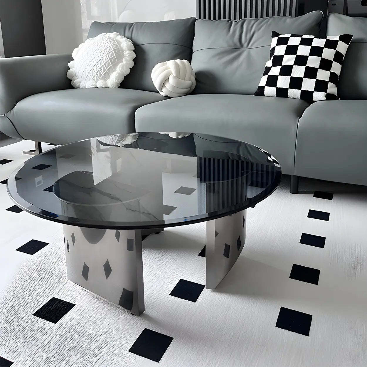 Black Glass Round Silver Steel Coffee Table