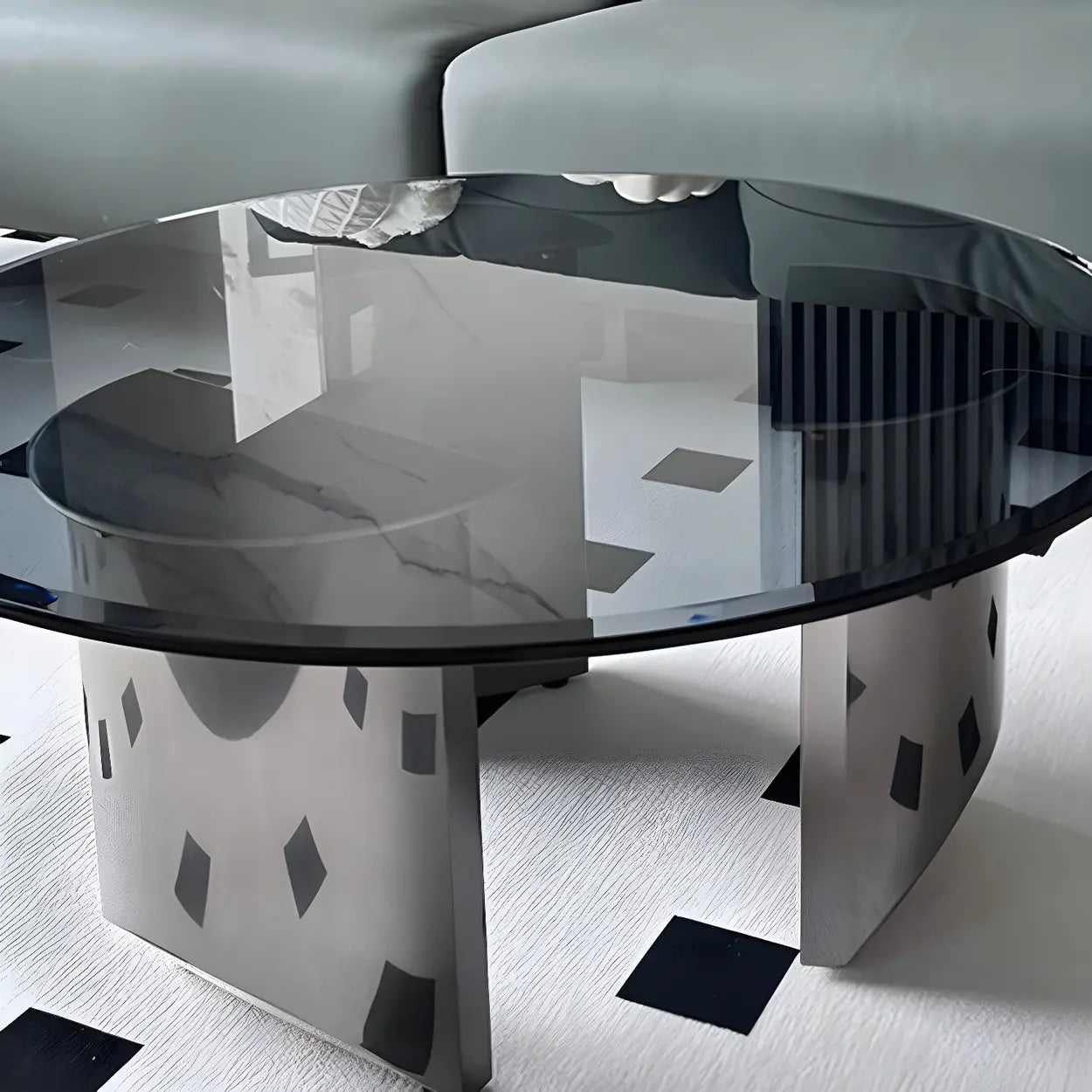 Black Glass Round Silver Steel Coffee Table