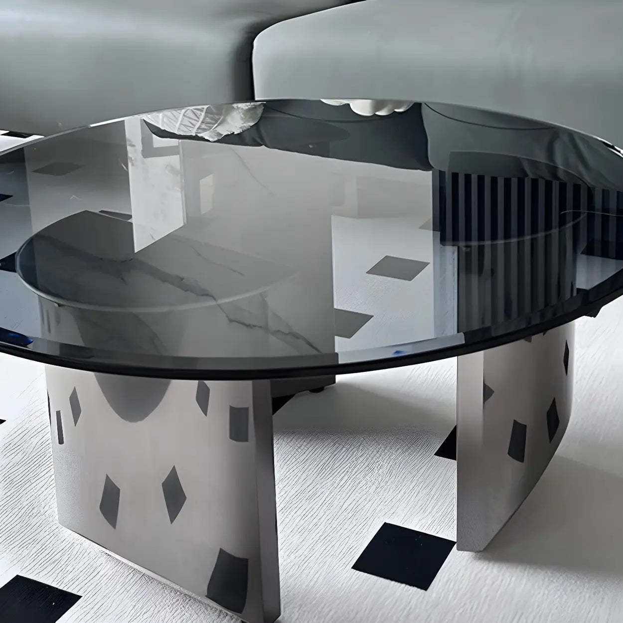Black Glass Round Silver Steel Coffee Table