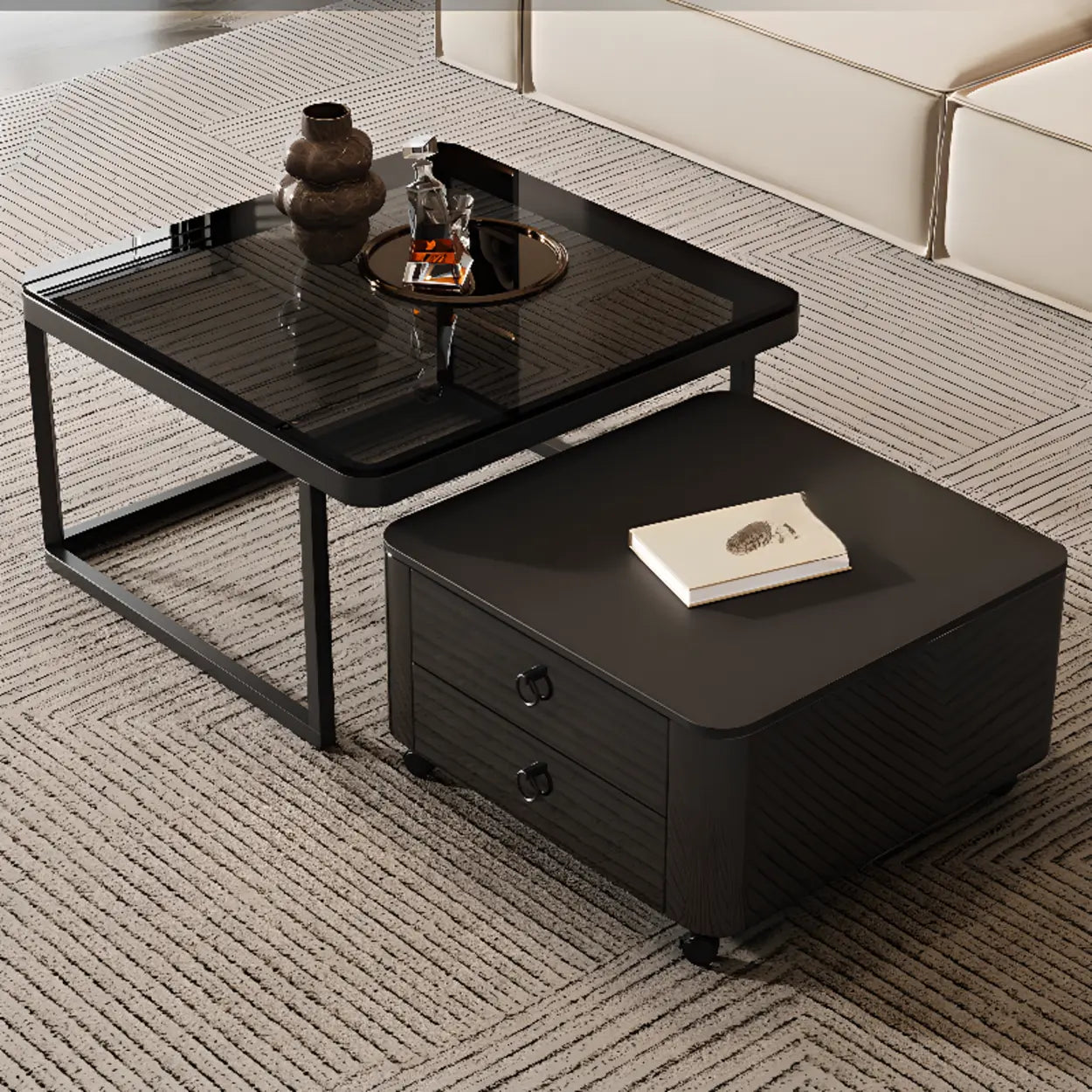 Black Glass Square Nesting Tables with Casters