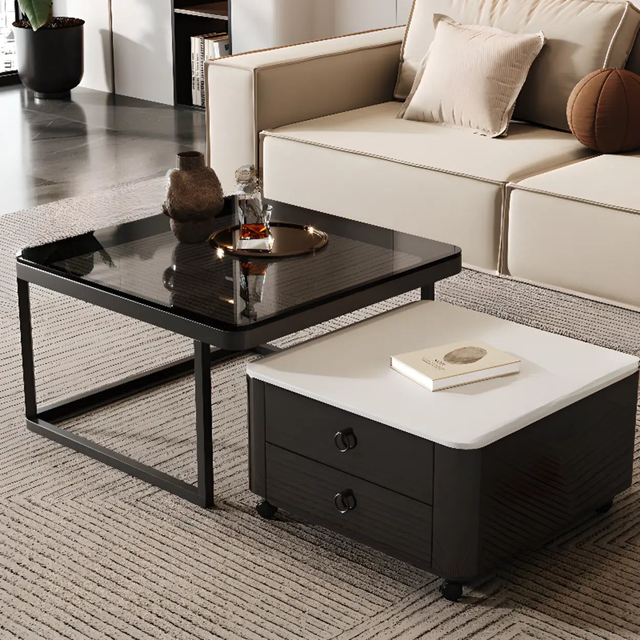 Black Glass Square Nesting Tables with Casters — Black-White