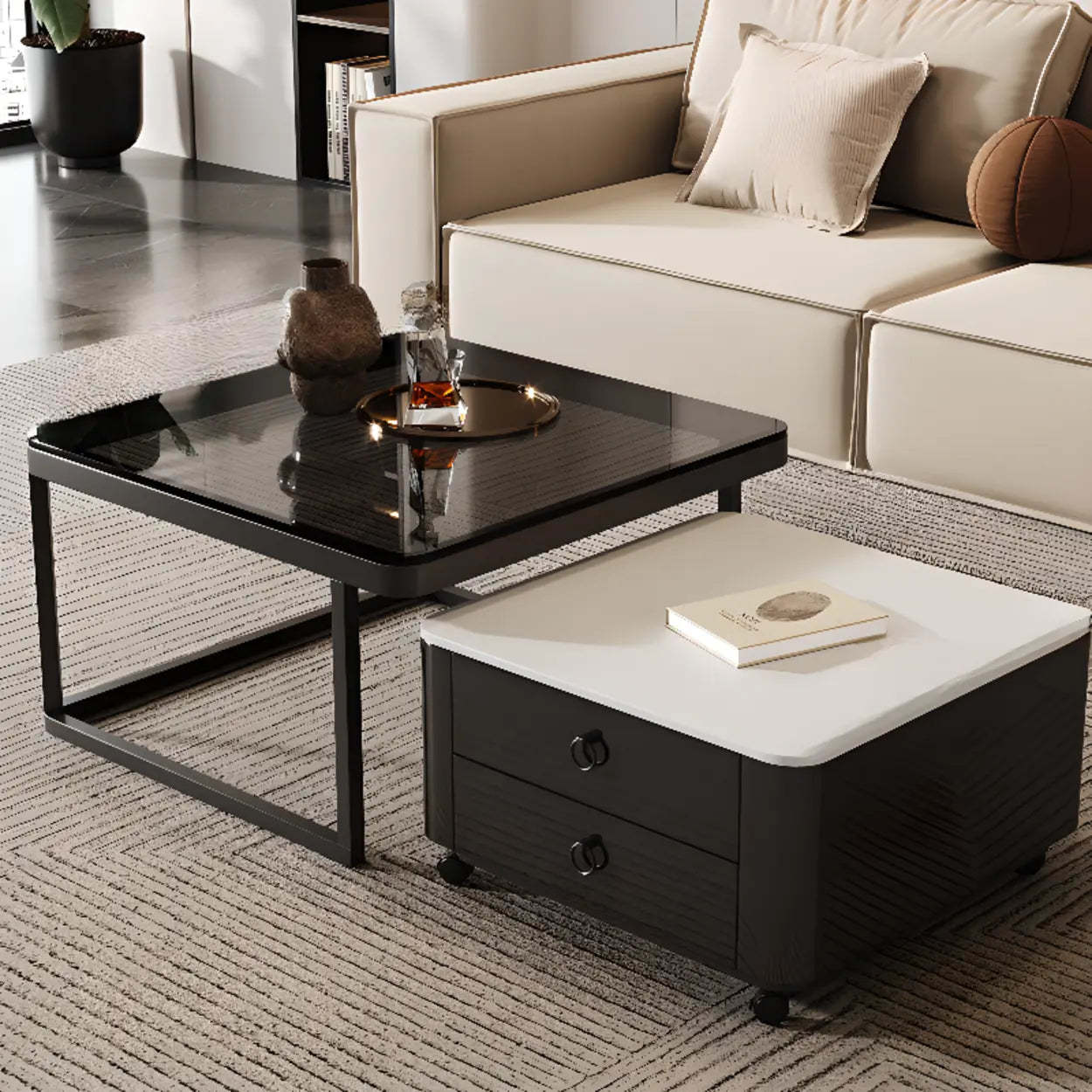 Black Glass Square Nesting Tables with Casters — Black-White