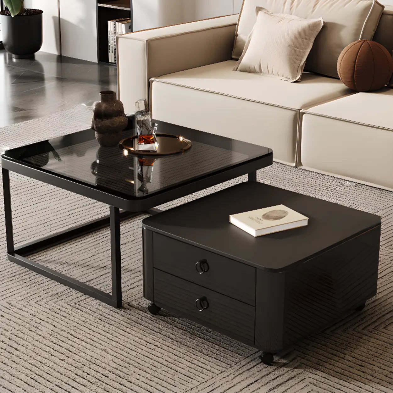 Black glass casters square coffee tables - modern — 28"L x 28"W x 17"H & 24"L x 24"W x 14"H