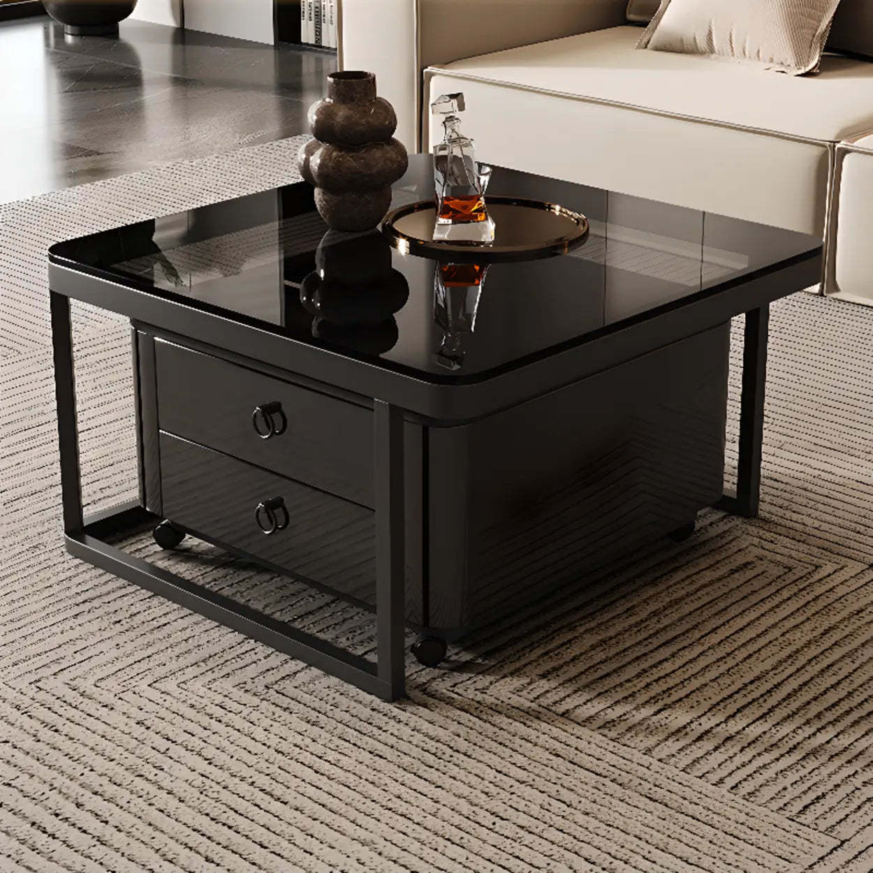 Black Glass Square Nesting Tables with Casters — Black-White