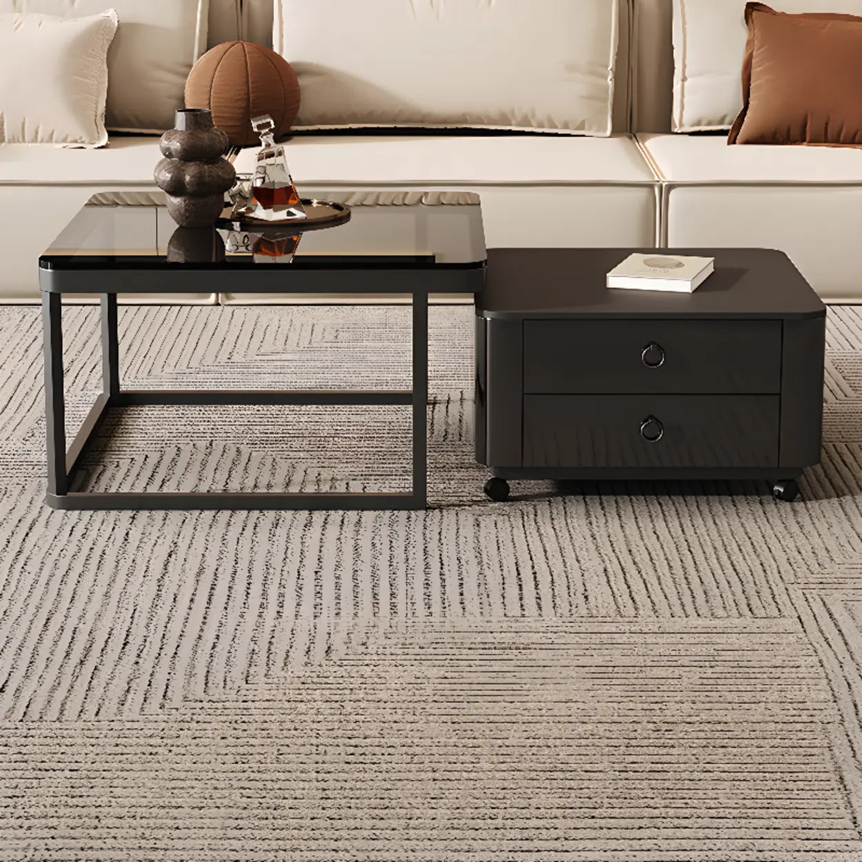 Black Glass Square Nesting Tables with Casters