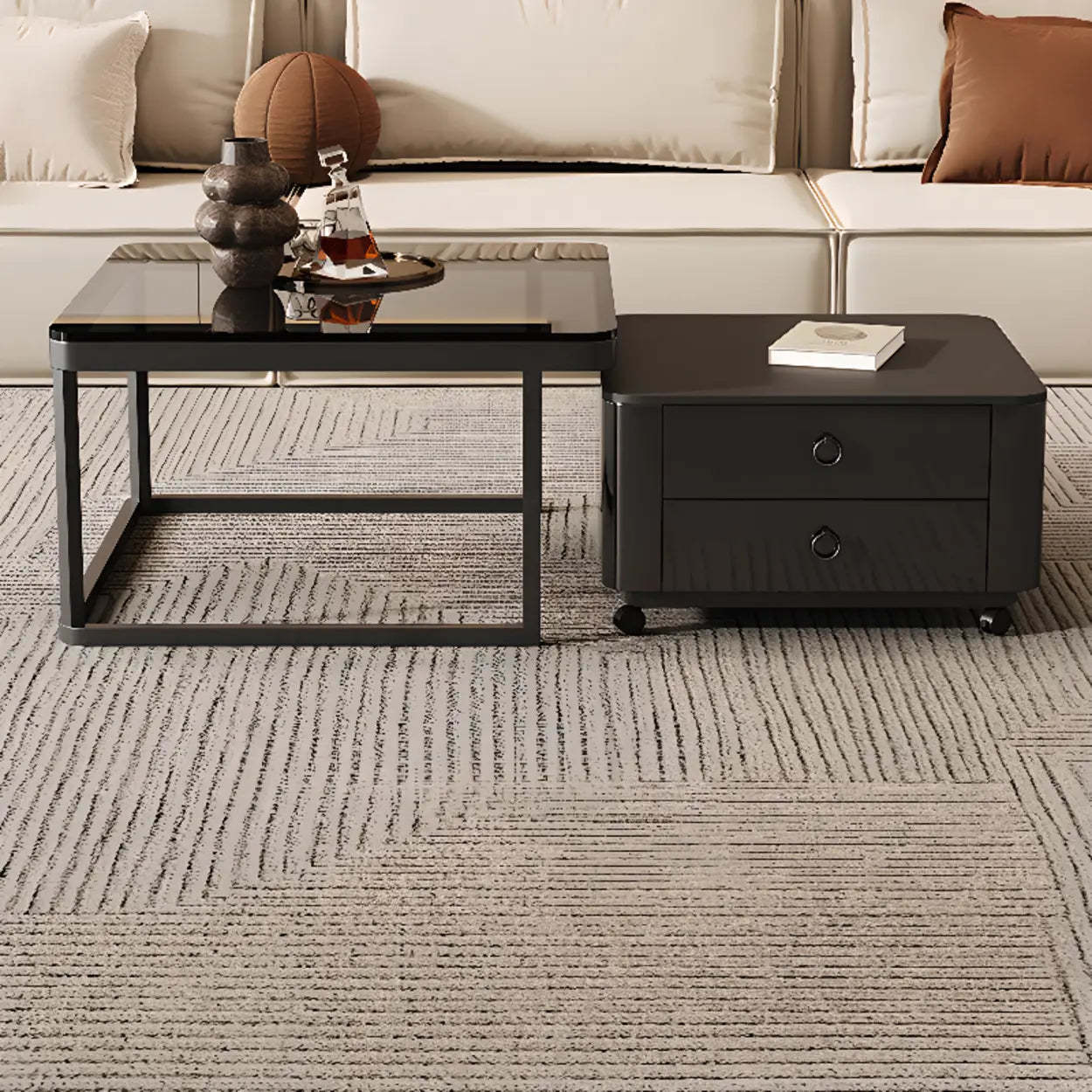 Black Glass Square Nesting Tables with Casters