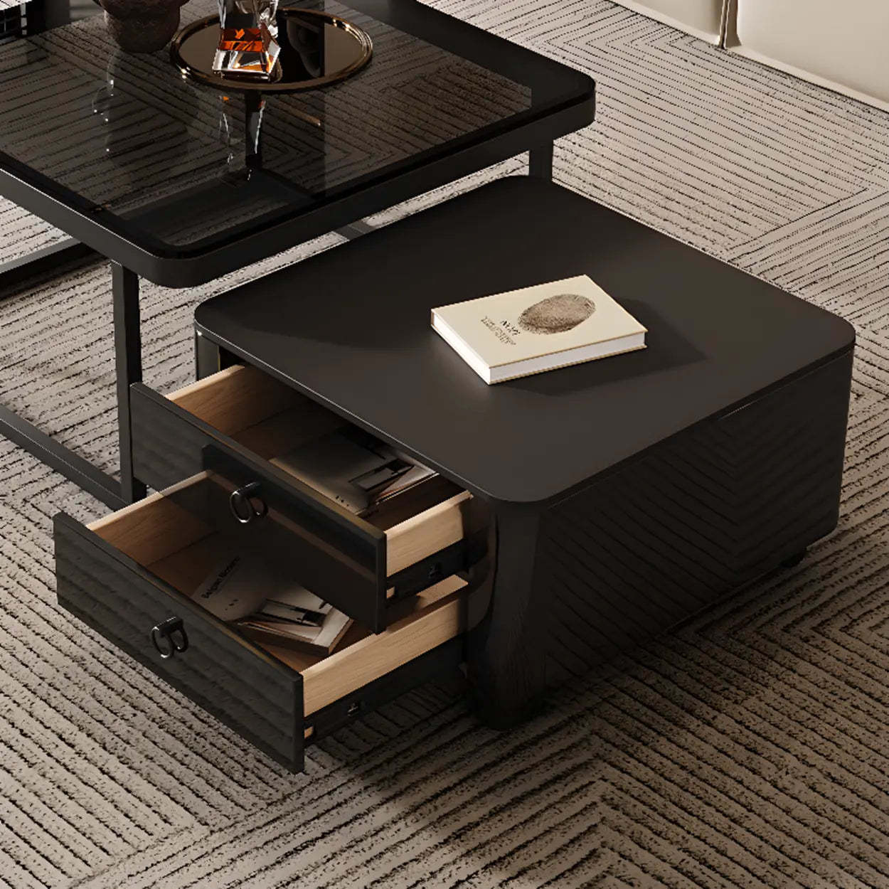 Black Glass Square Nesting Tables with Casters