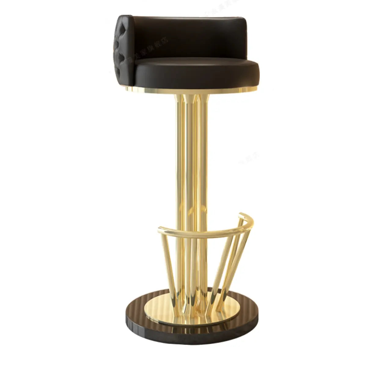 Black-Gold Round Leather Metal Pedestal Bar Stool — With Back / Swivel