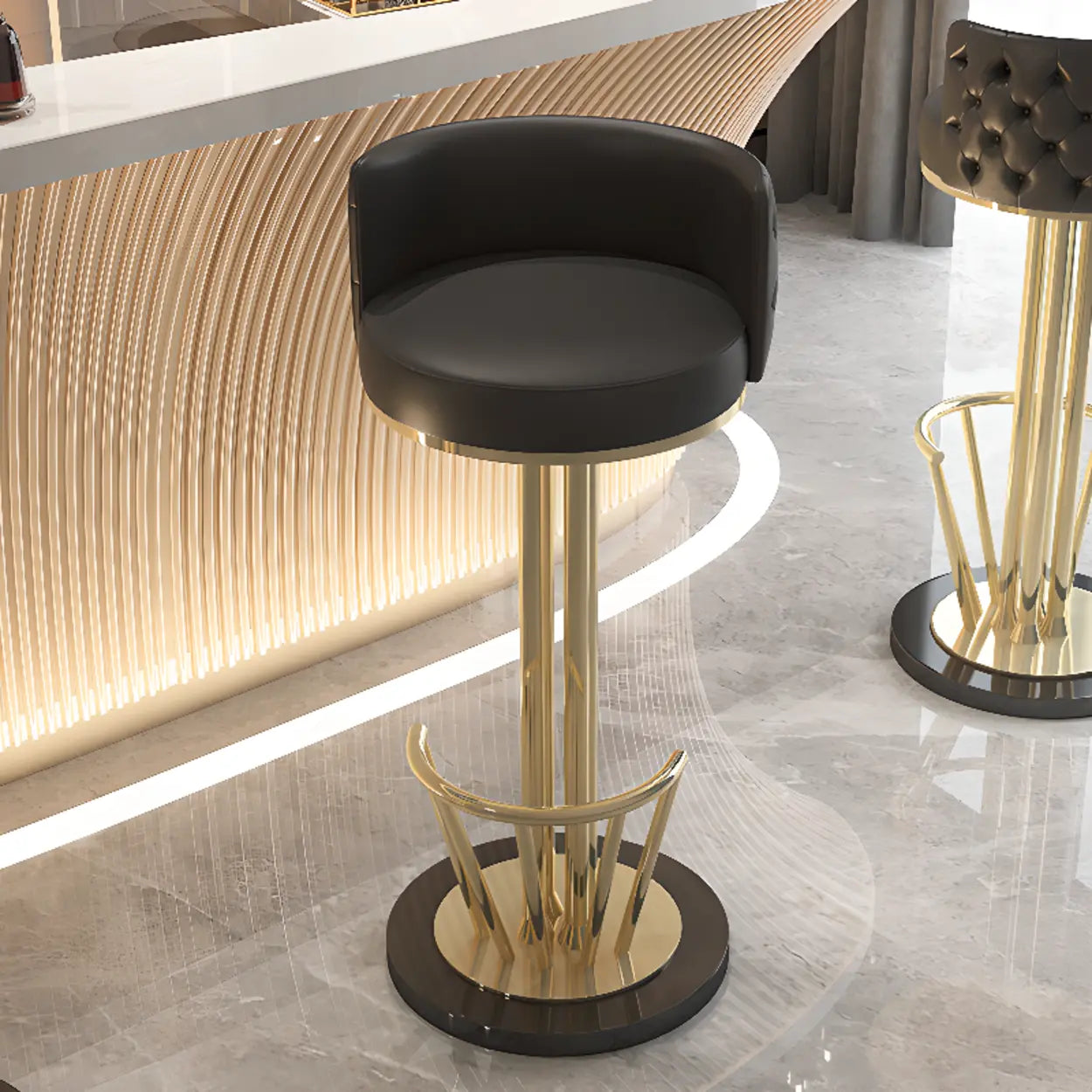 Black-Gold Round Leather Metal Pedestal Bar Stool