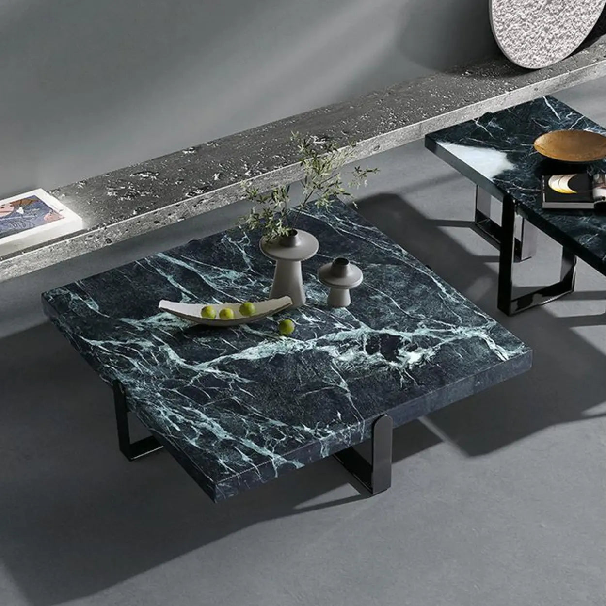 Square Marble Coffee Table with Steel Base — Black/ Green