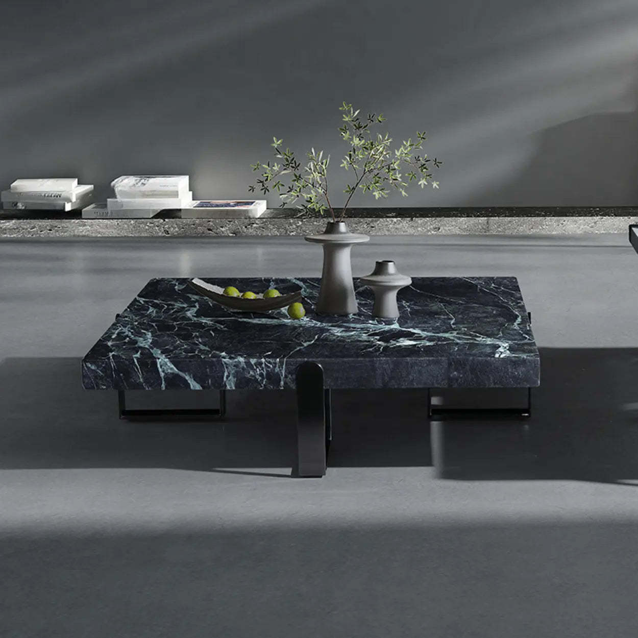 Black steel base square coffee tables - modern — 31"L x 31"W x 11"H / Black & Green