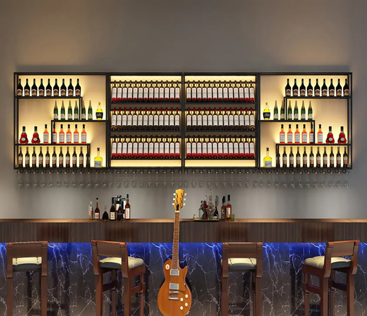 Black Industrial Metal Wall Wine Rack Organizer — With Light / 1 Piece