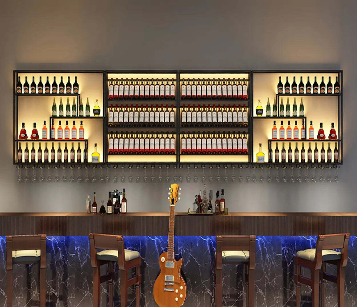 Black Industrial Metal Wall Wine Rack Organizer — With Light / 1 Piece