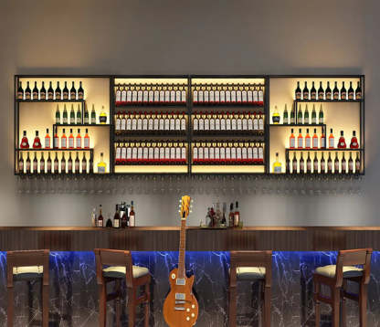 Black Industrial Metal Wall Wine Rack Organizer — With Light / 1 Piece