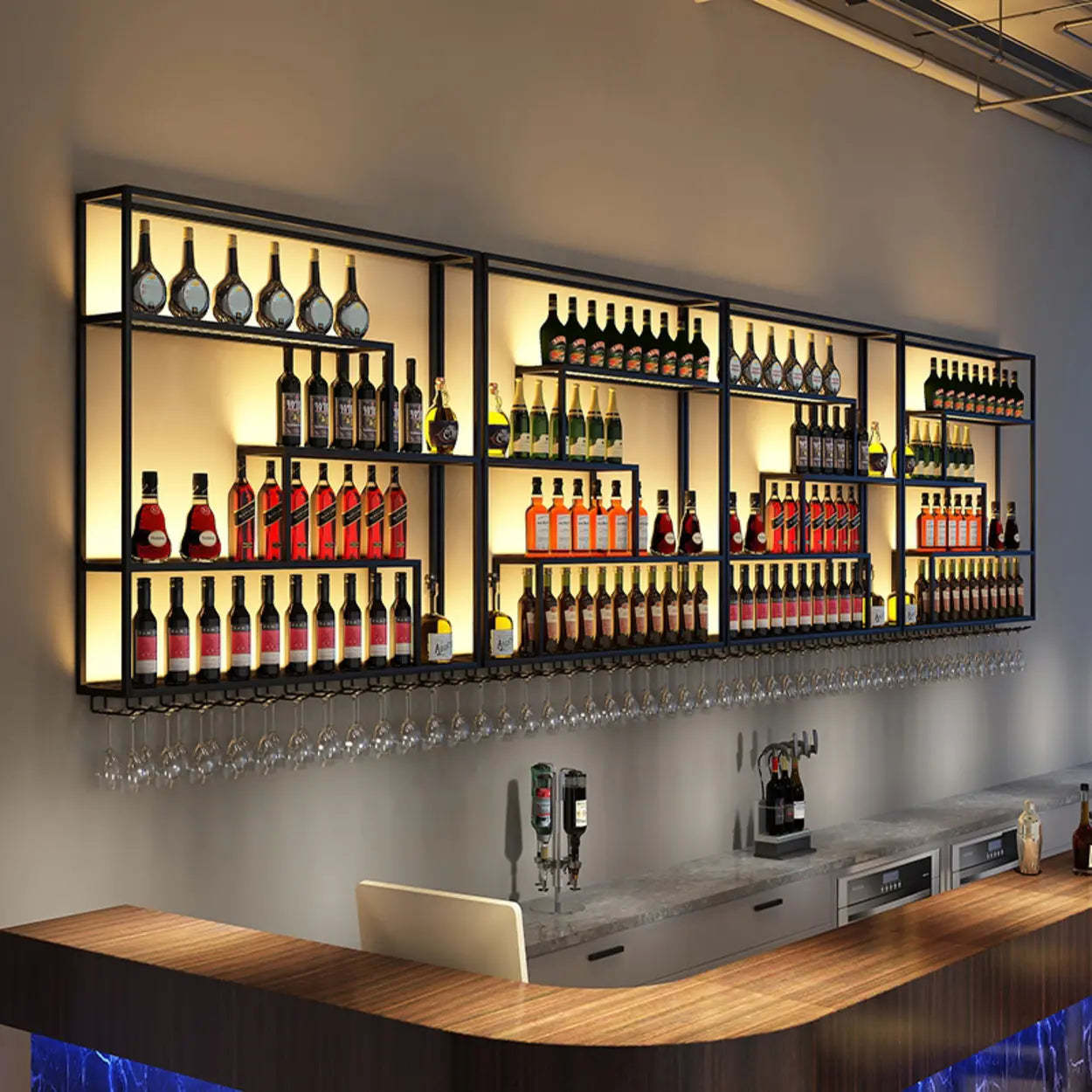Black Industrial Metal Wall Wine Rack Organizer — Without Light / 1 Piece