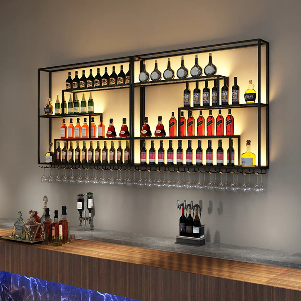 Black Industrial Metal Wall Wine Rack Organizer — Without Light / 2 Piece Set