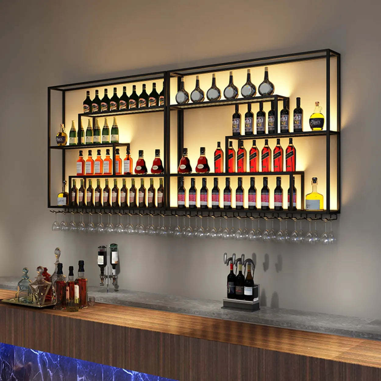 Black Industrial Metal Wall Wine Rack Organizer — Without Light / 2 Piece Set