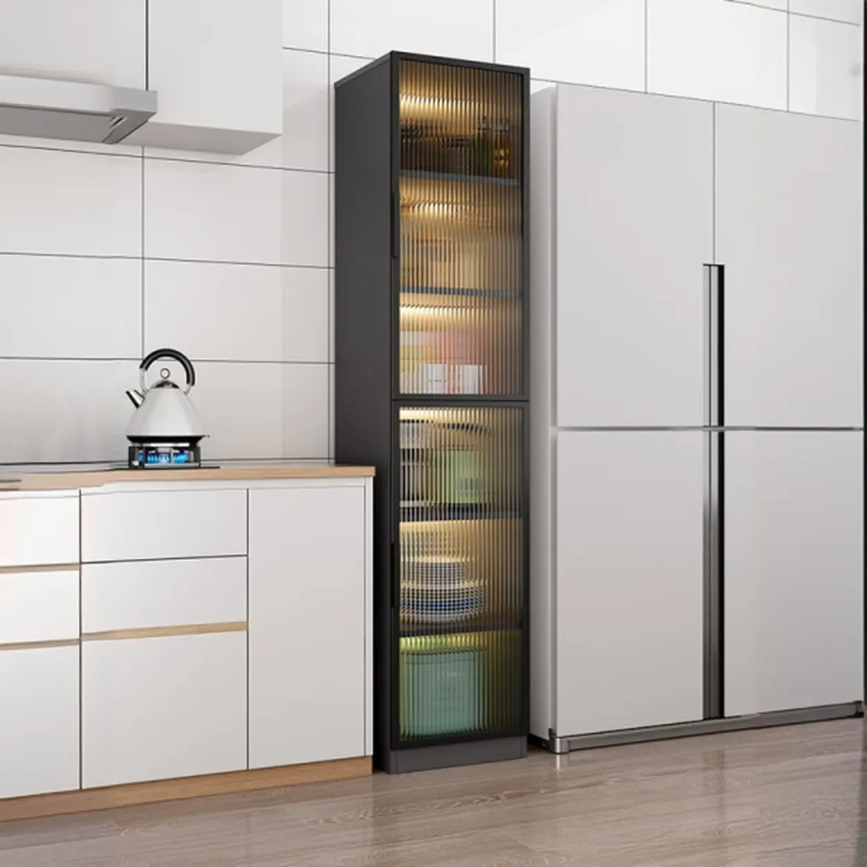 Black Frosted Glass Tall Kitchen China Cabinet