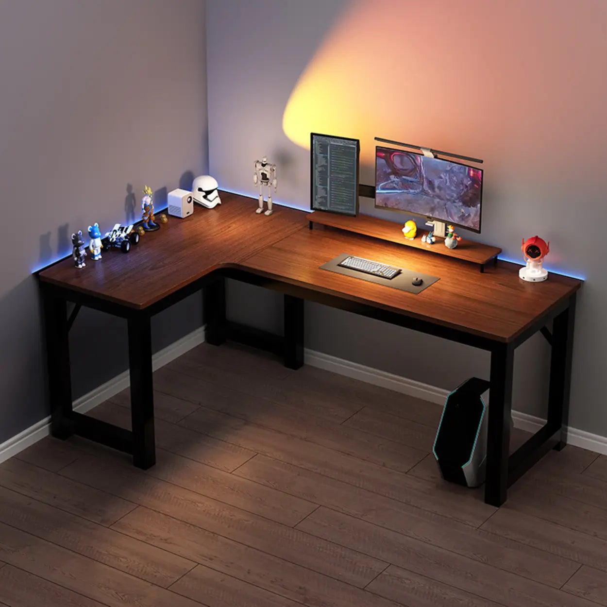 Black L-Shape Wood Gaming Desk with Cable Management
