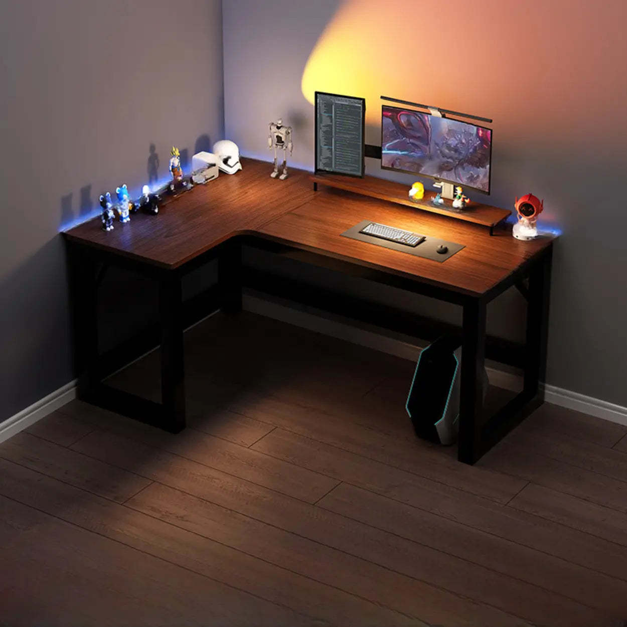 Black L-Shape Wood Gaming Desk with Cable Management — Dark Walnut / Table Only