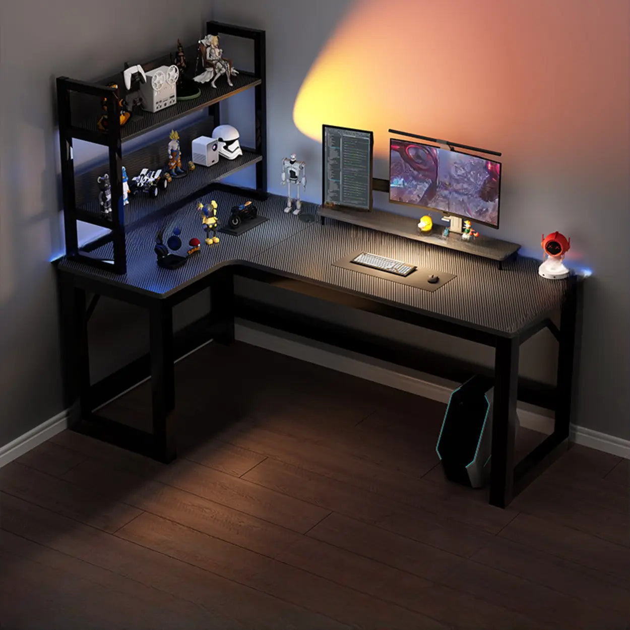 Black L-Shape Wood Gaming Desk with Cable Management — Dark Walnut / Table Only