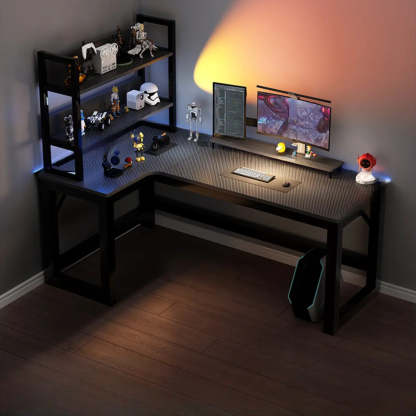 Black L-Shape Wood Gaming Desk with Cable Management — Dark Walnut / Table Only