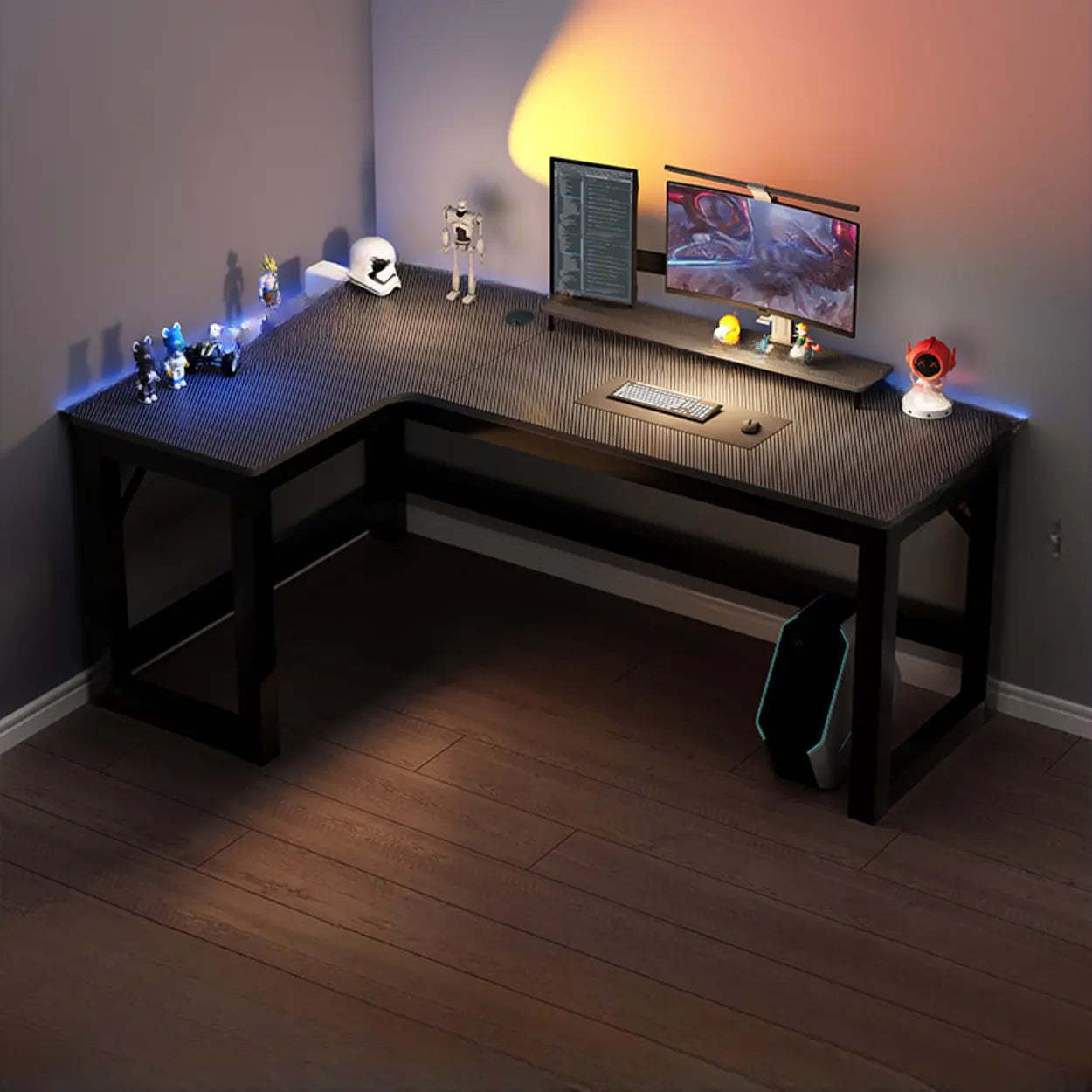 Black L-Shape Wood Gaming Desk with Cable Management — Dark Walnut / Table Only