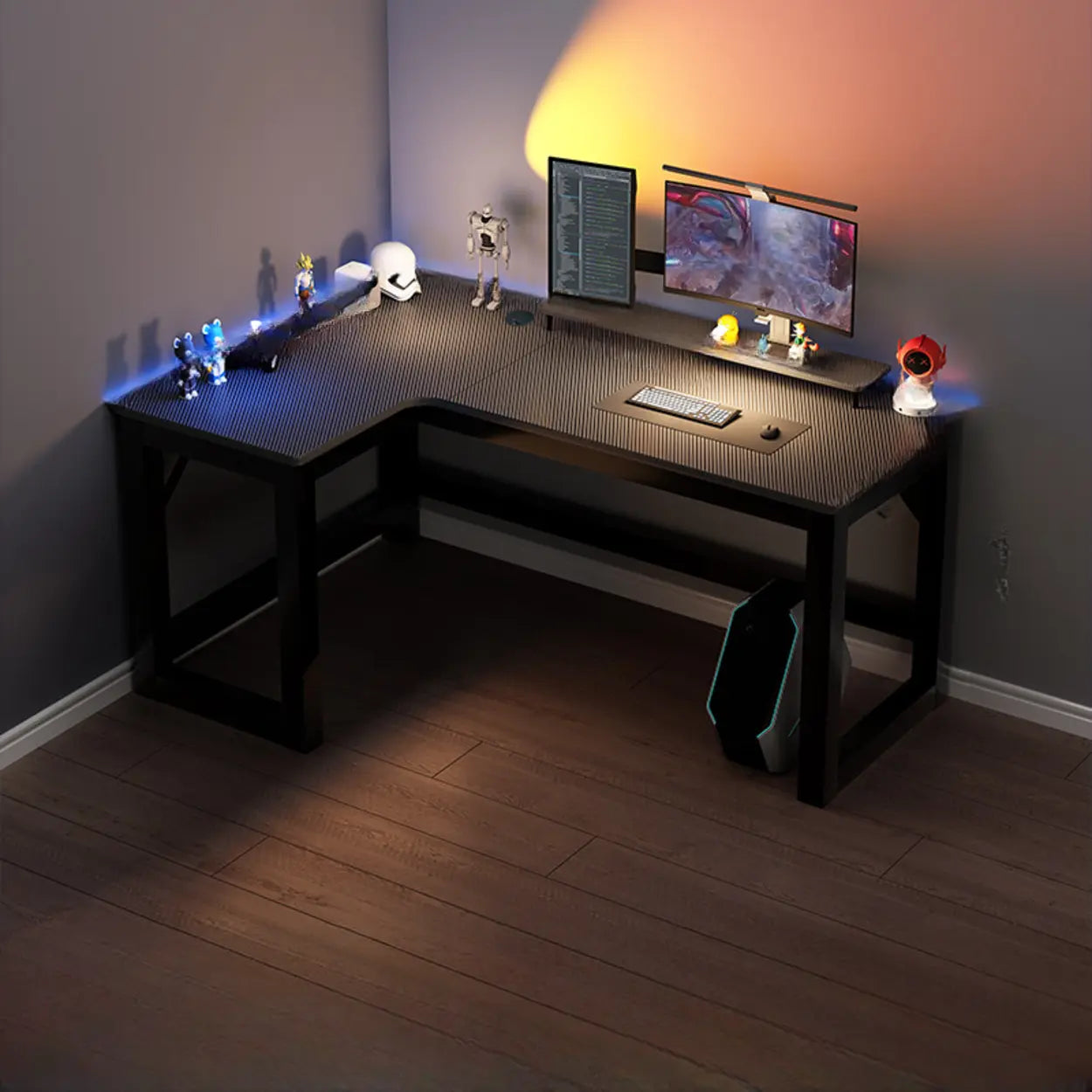 Black L-Shape Wood Gaming Desk with Cable Management