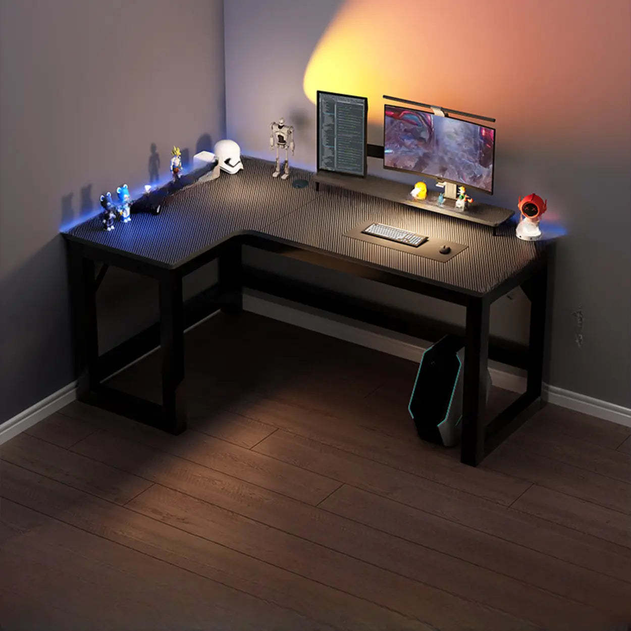 Black L-Shape Wood Gaming Desk with Cable Management