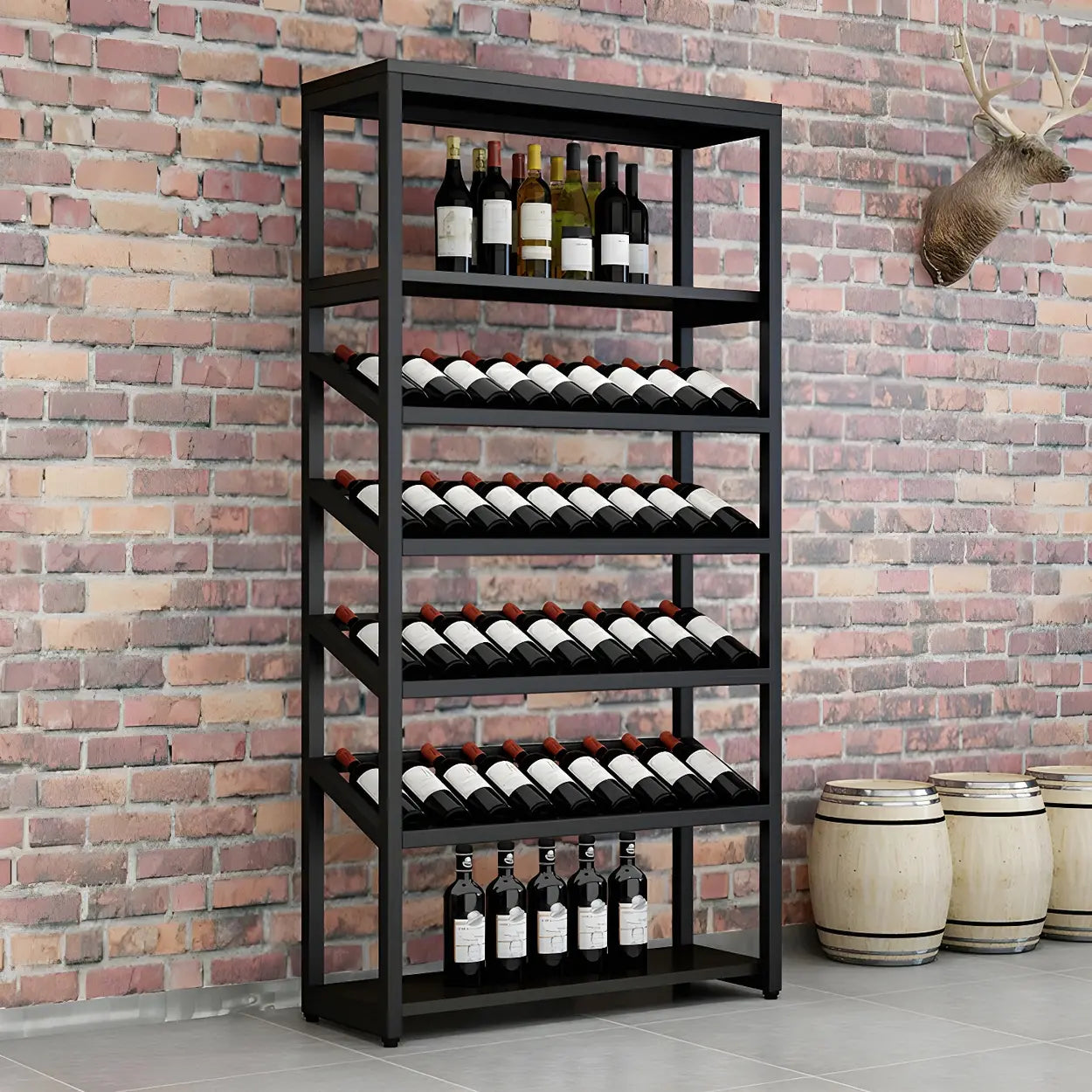 Black Industrial Metal Floor Wine Rack — Wine Bottle Rack / Black-Brown