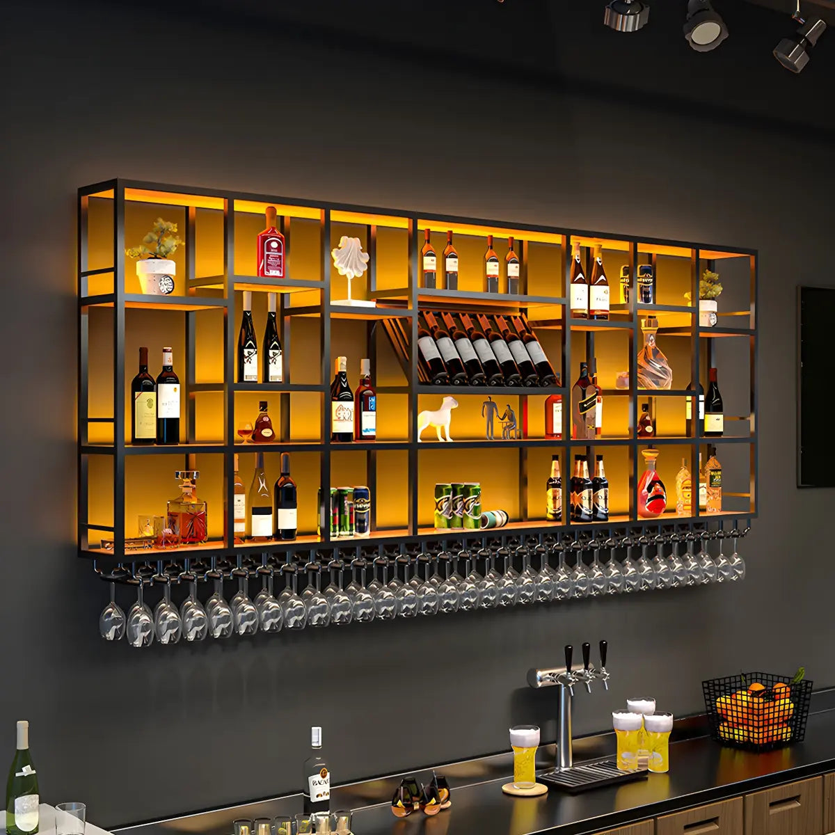 Large Black Metal Floating Wall Wine Rack — Black / 1 Piece