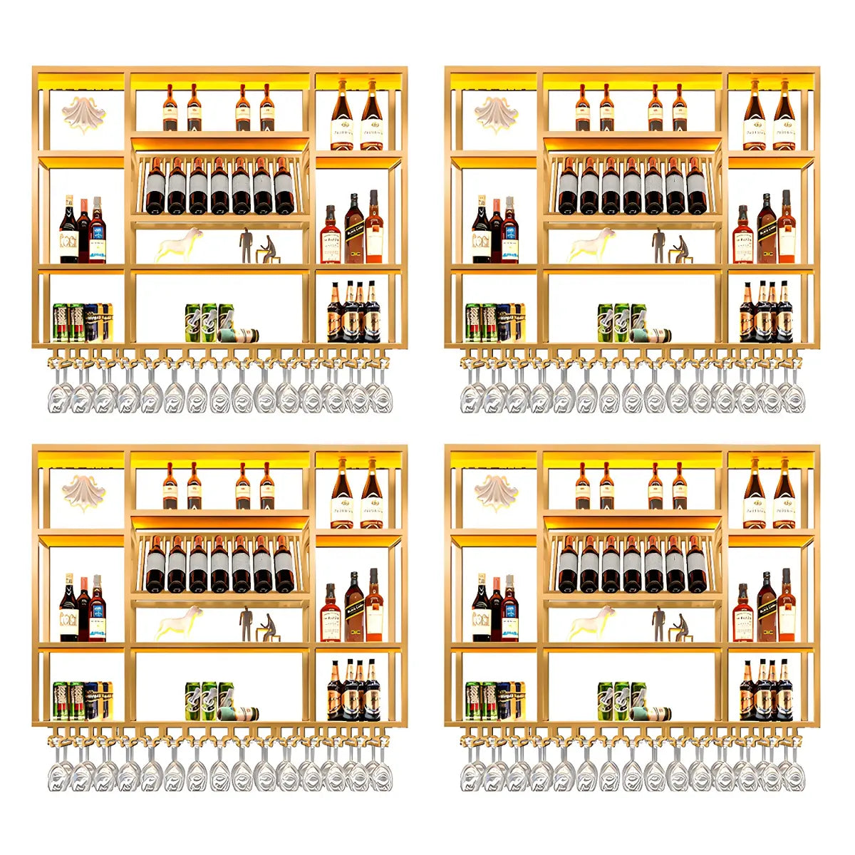 Large Black Metal Floating Wall Wine Rack — Gold / 4 Piece Set
