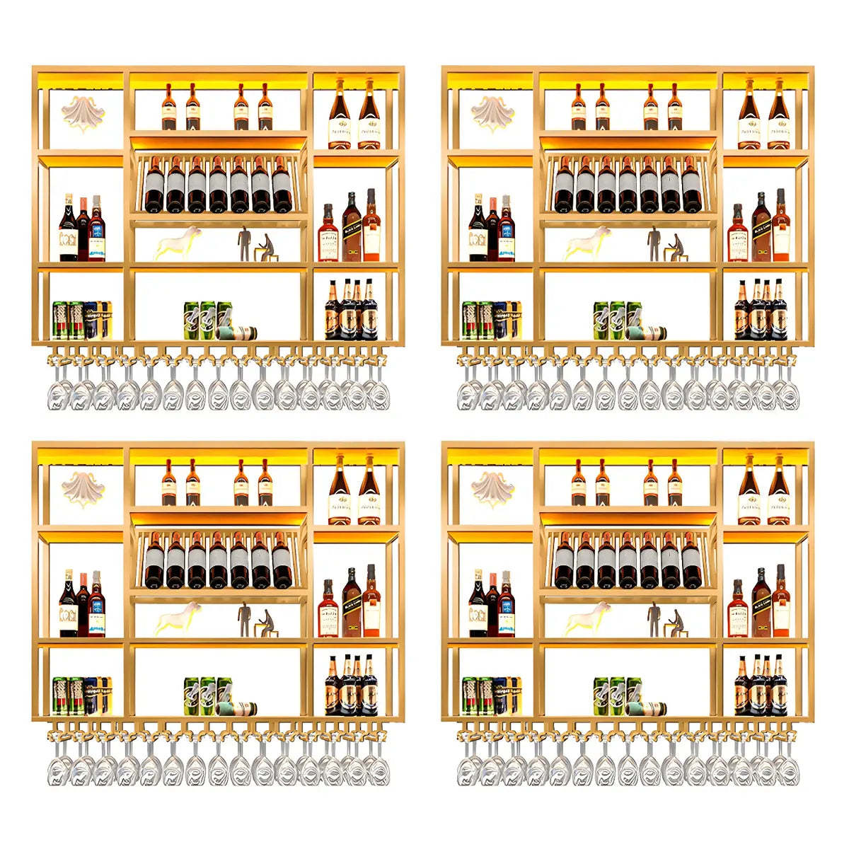 Large Black Metal Floating Wall Wine Rack — Gold / 4 Piece Set