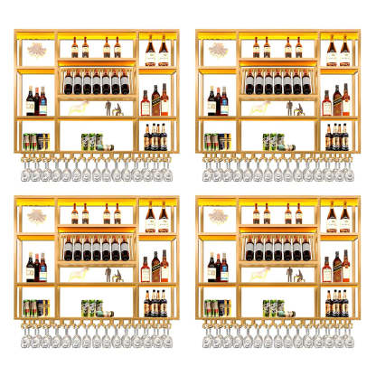 Large Black Metal Floating Wall Wine Rack — Gold / 4 Piece Set
