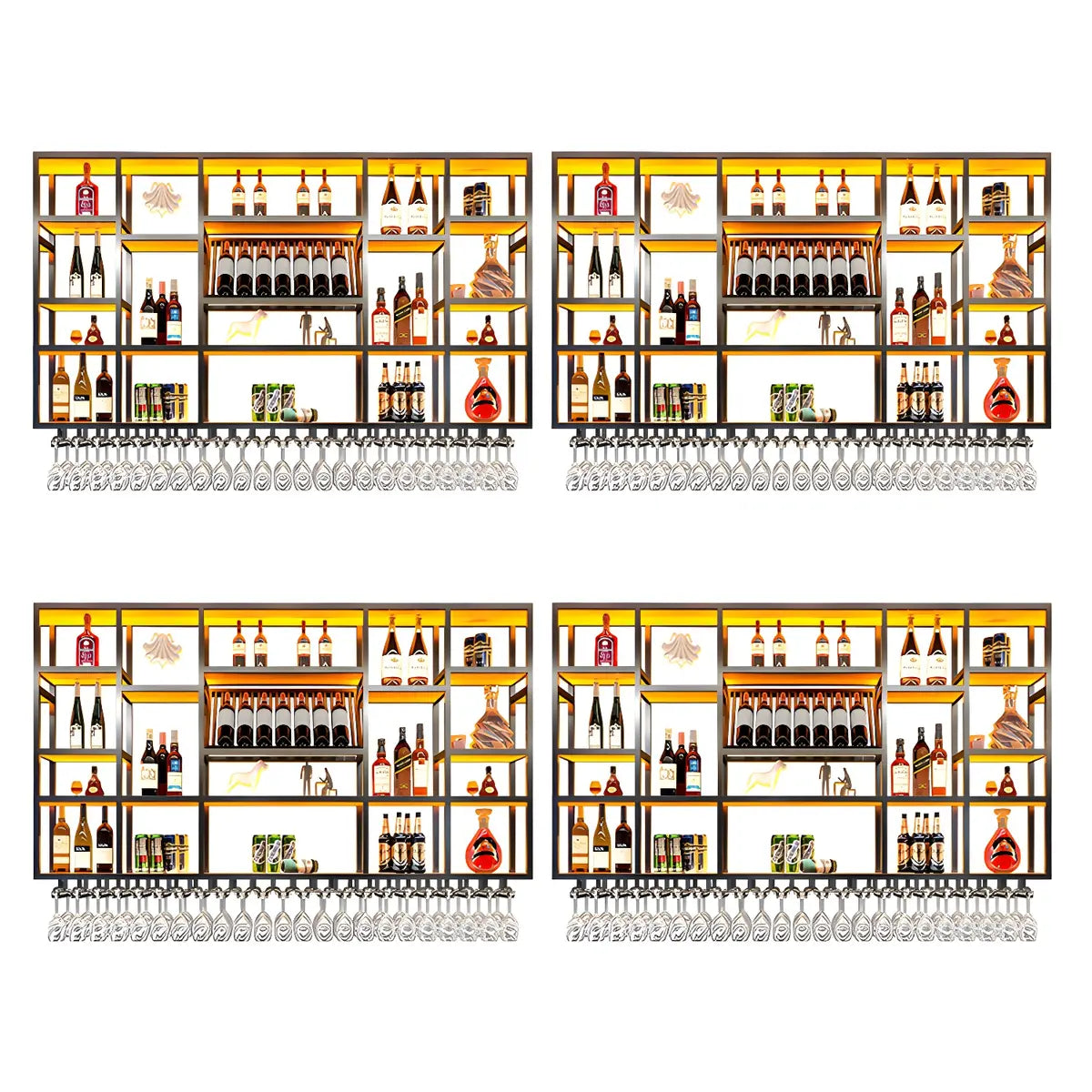 Large Black Metal Floating Wall Wine Rack — Gold / 2 Piece Set