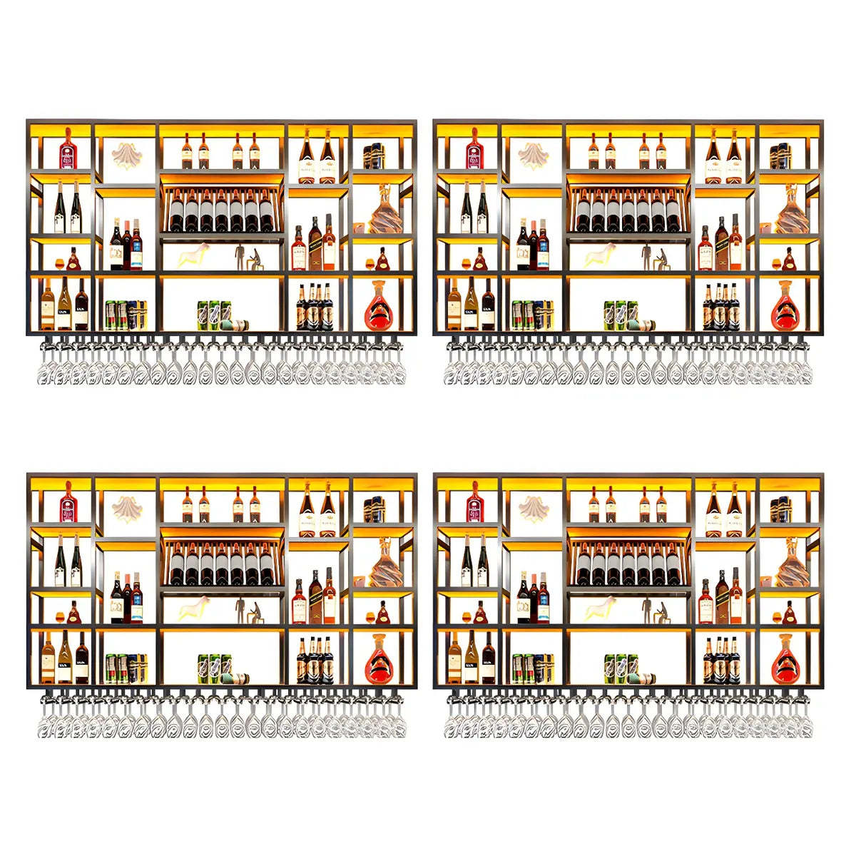 Large Black Metal Floating Wall Wine Rack — Gold / 2 Piece Set