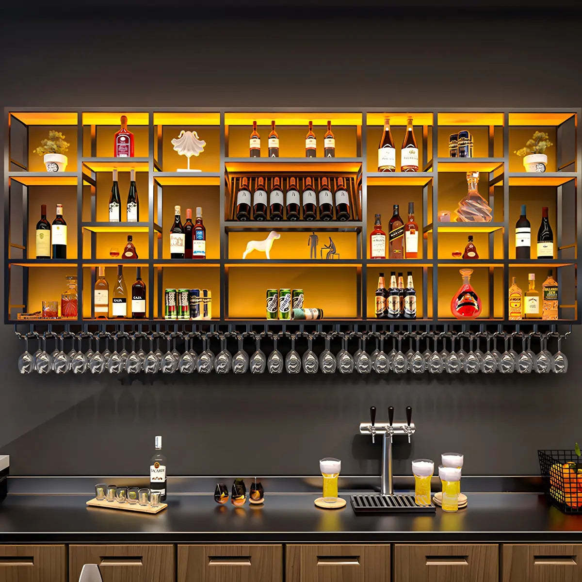 Large Black Metal Floating Wall Wine Rack — Gold / 4 Piece Set