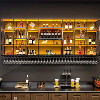 Large Black Metal Floating Wall Wine Rack — Gold / 4 Piece Set