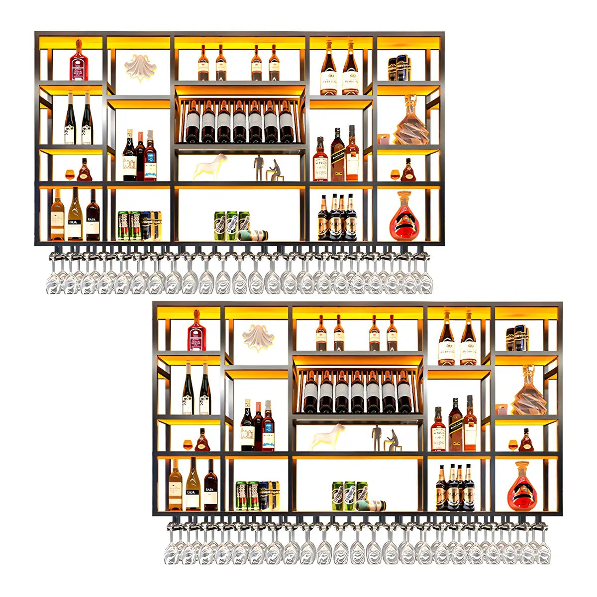 Large Black Metal Floating Wall Wine Rack — Gold / 2 Piece Set
