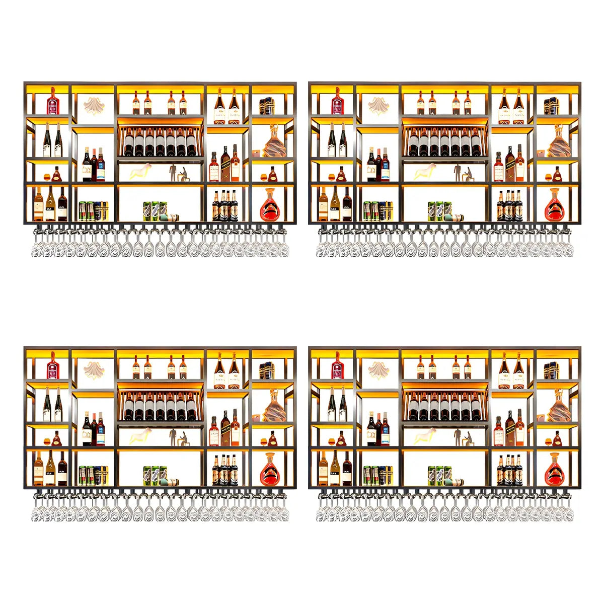 Large Black Metal Floating Wall Wine Rack — Gold / 4 Piece Set
