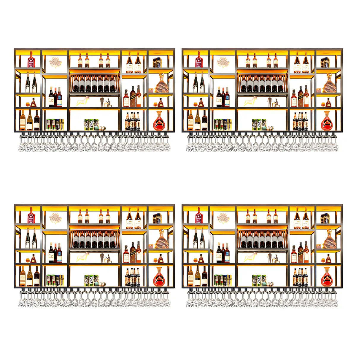 Large Black Metal Floating Wall Wine Rack — Gold / 4 Piece Set