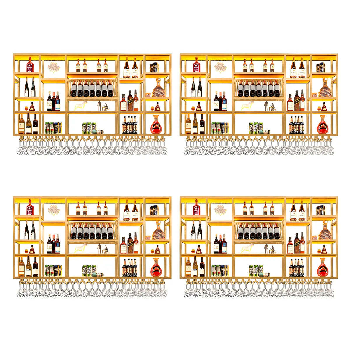Large Black Metal Floating Wall Wine Rack — Black / 4 Piece Set