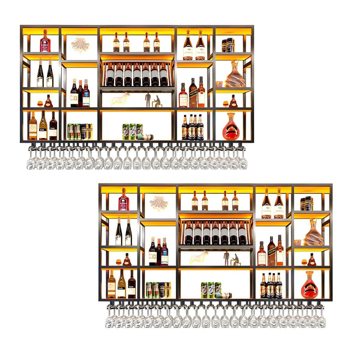 Large Black Metal Floating Wall Wine Rack — Gold / 2 Piece Set